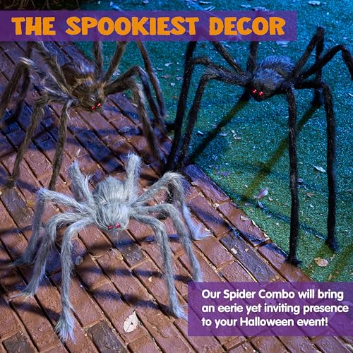 Image of JOYIN 3 Pcs Halloween Spiders Outdoor Decoration, Halloween Decor Outside, Fake Hairy Giant Spiders for Yard Lawn Porch Decor Indoor Haunted House Scary Prop (59″Black, 47″ Brown, 35″ Grey)
