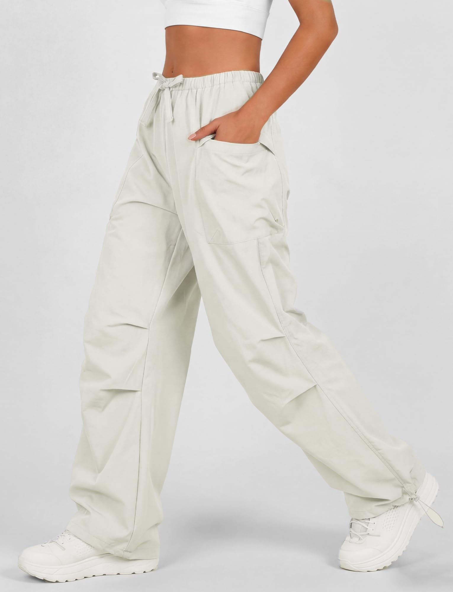 FEOYA Pantalon de parachute baggy pour femme, taille haute, pantalon cargo Y2k avec jambes larges, imperméable, pantalon de randonnée, séchage rapide, pantalon de trekking