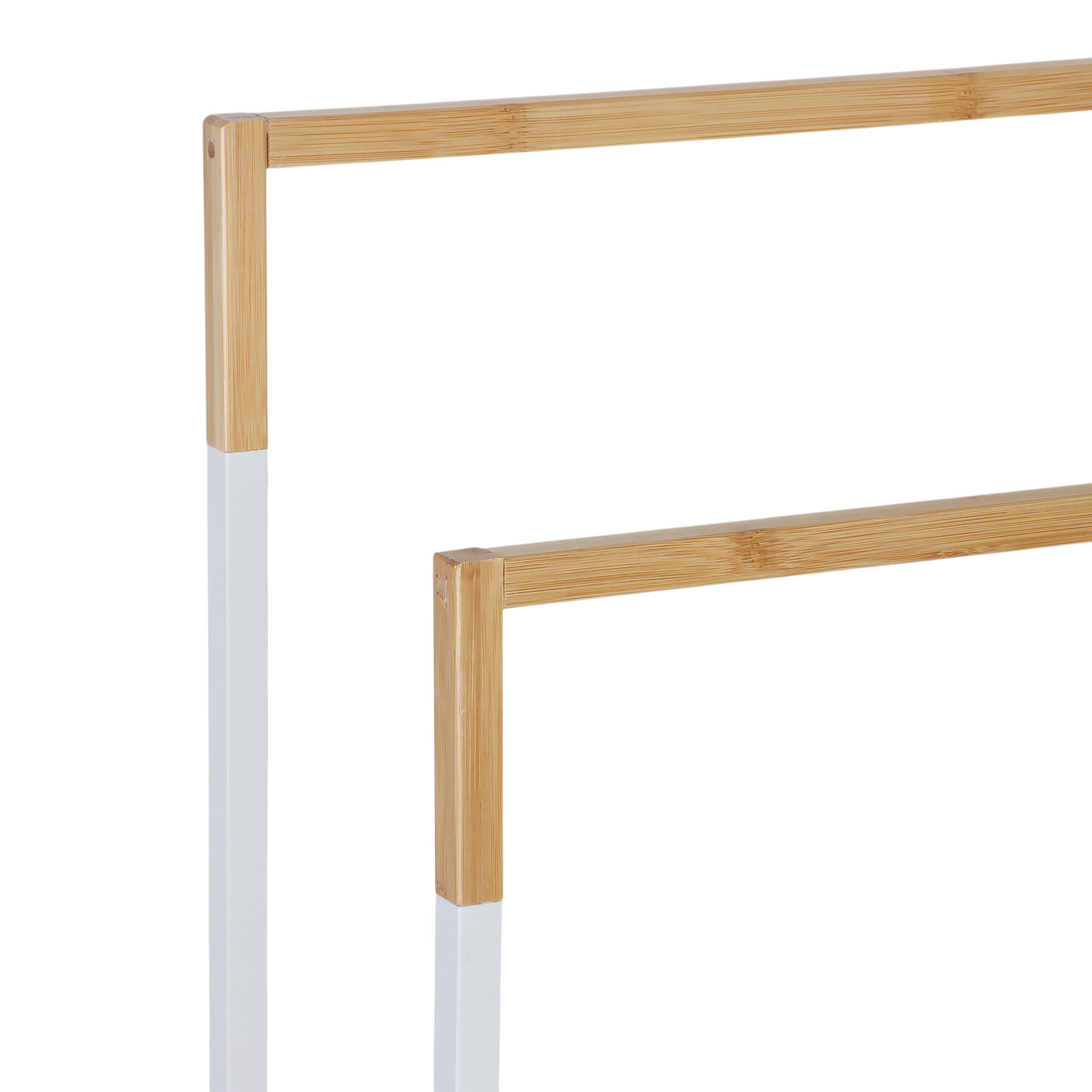 Toallero Relaxdays, HxBxT: 86 x 44 x 21 cm, Metal, bambú, 2 Barras, toallero de pie, Blanco/Natural