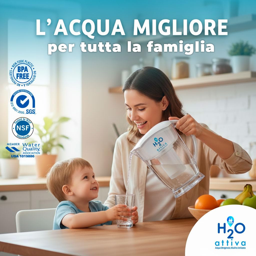 H2O Attiva | Caraffa Filtrante - Acqua Idrogenata, Alcalina, Ionizzata Purificata Naturalmente pH Elevato | 1 Filtro Lunga Durata Sistema Filtraggio Multistadio | Tritan BPA Free - 3,5 Litri Capacità