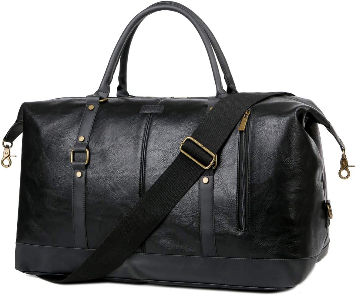 BAOSHA Bolsa de viaje grande de cuero para hombre, equipaje de mano, bolso de viaje, bolsa de viaje para fin de semana HB-14, Negro , L