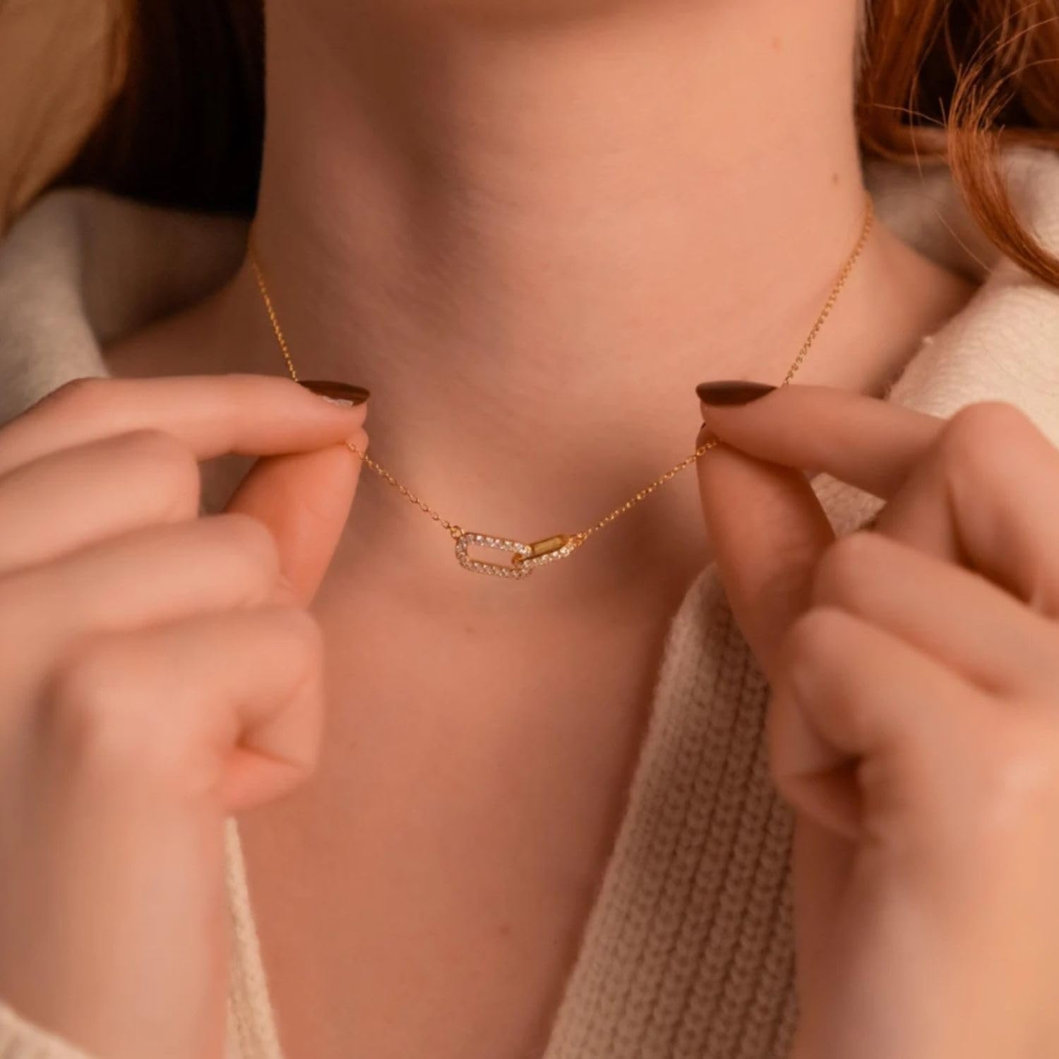 Gold Necklace for Women Sterling Silver Dainty Diamond Necklace Linked Pendant 18k Gold Plated Necklaces Paperclip Choker Necklaces Trendy Gold Jewelry - Image 3