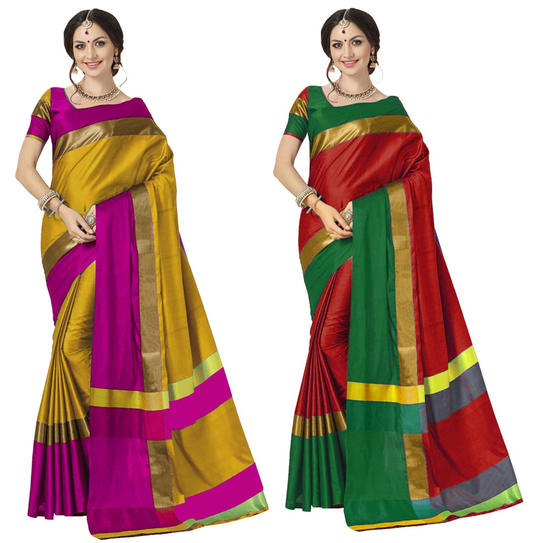 Anni Designer Cotton Saree with Blouse Piece (Combo of Gold-Pink & Red Green_Gold Pink & Red Green_Free Size)