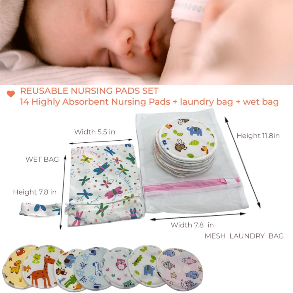 Paquete de 14 almohadillas de lactancia reutilizables, lavables, esenciales para la lactancia, imprescindibles para recién nacidos y niñas, esenciales posparto para mamá, súper suaves y