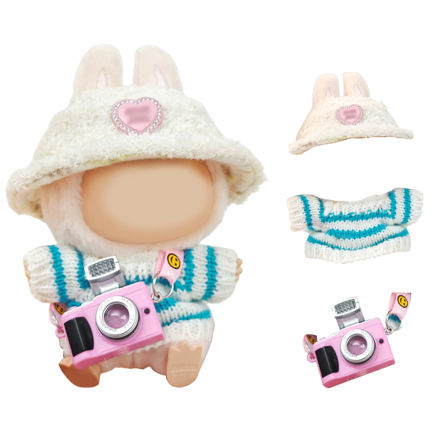 Clothes for 17cm Plush Doll, Small Clothes Set, 3pcs Outfits for 17cm Dolls Includes Hat, Sweater or Romper, Camera, Dress to Impress Dolls (No Doll)