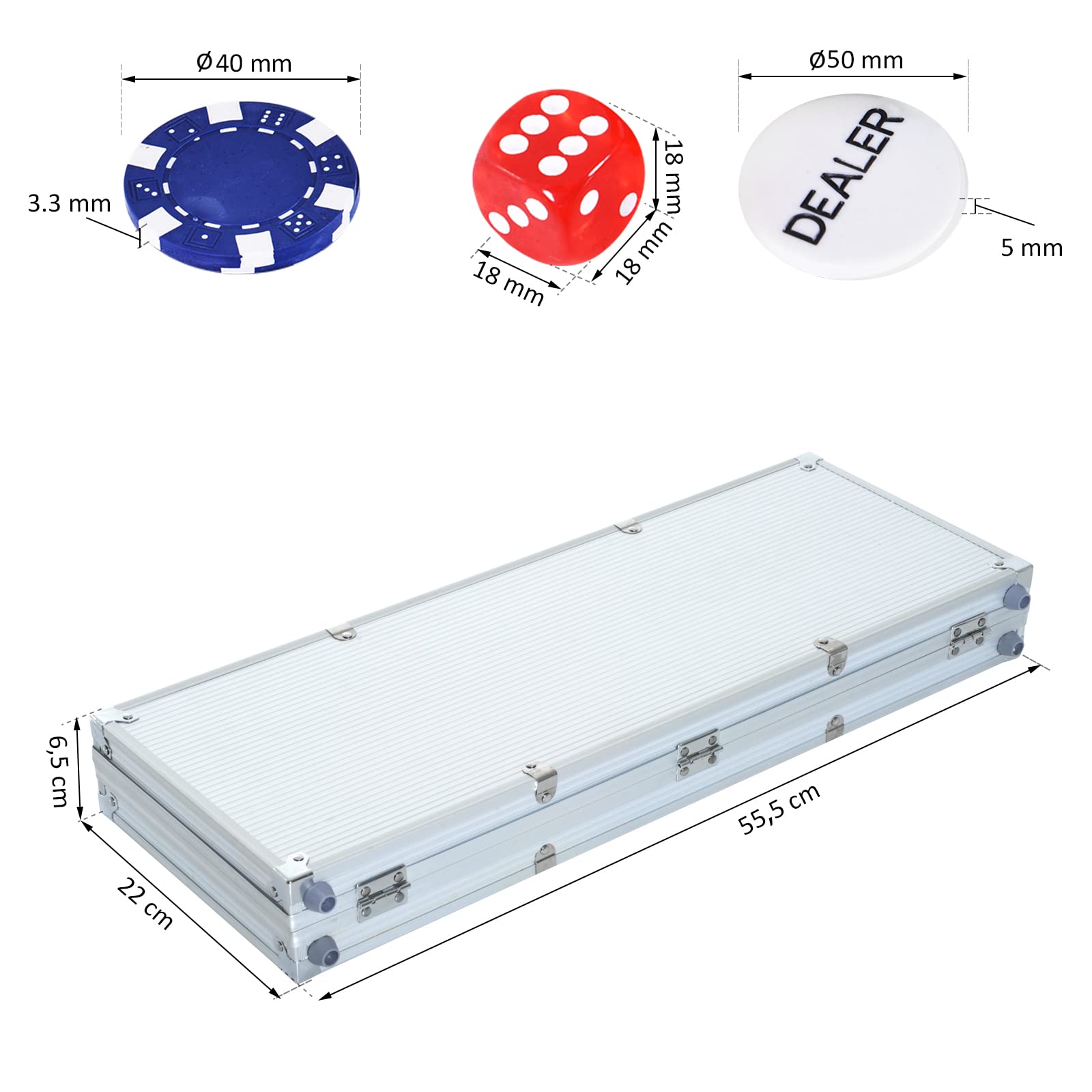 HOMCOM Pokerkoffer Pokerset 500 Pokerchips 2xKartenspiel 5xWürfel 1xAlukoffer Poker Set Jetons Koffer Alu+ Polystyrol 55,5x22x6,5 cm