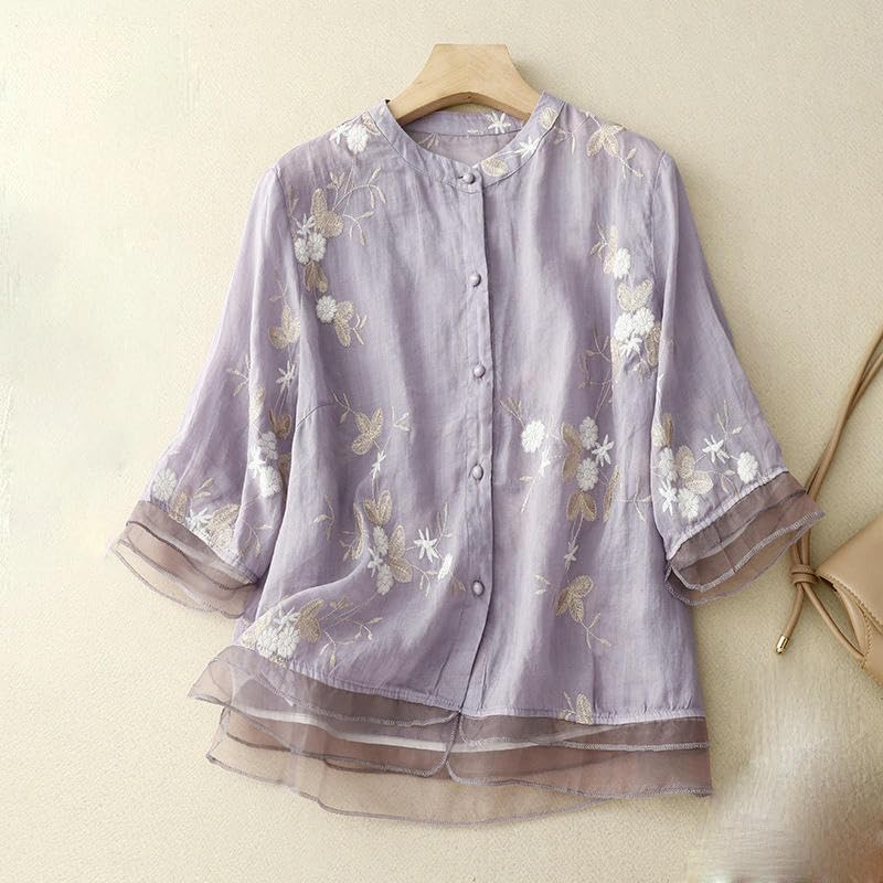 Chemisier rétro femme chemise brodée patchwork organza