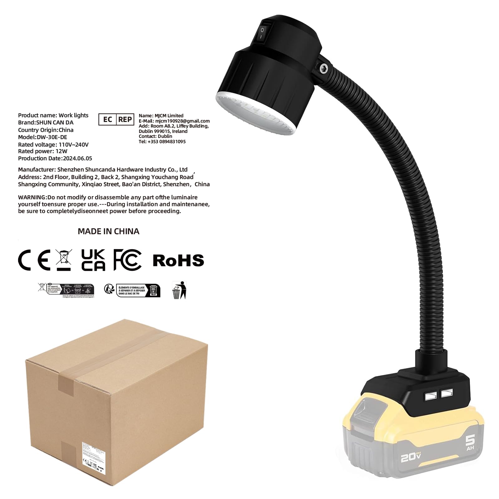 SHUNCANDA Schnurlose LED-Arbeitsleuchte 14,4V 18V 20v Akku, dimmbarer Scheinwerfer für Notfälle, Camping, Autoreparaturen, Outdoor mit USB und flexiblem Schwanenhals.(2 USBHarging Ports)