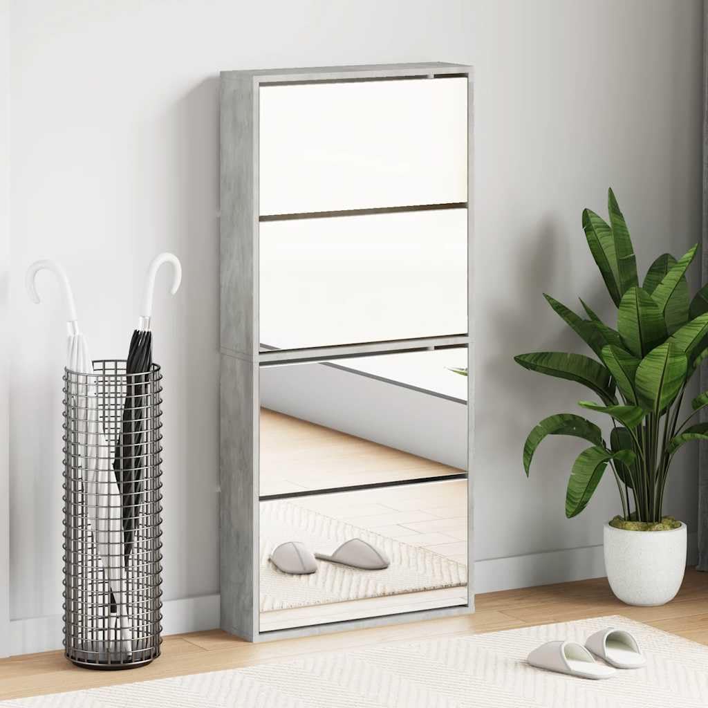 Generisch Zapatero con espejo, 4 compartimentos, color gris hormigón, 63 x 17 x 134 cm, moderno zapatero con compartimentos basculantes de madera, ideal para pasillo y salón