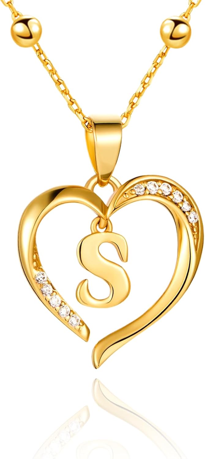 Cicy Bell Womens Heart Initial Necklace for Women 18k Gold Plated Cubic Zirconia Dainty Letter Pendant Necklace 17.7'' with 2'' Extender