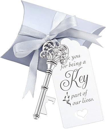 Amazon 50個セット ヴィンテージキー栓抜き 結婚式の記念品お土産 ゲストへのギフト エスコートカード サンキュータグ ピローボックスとサテンリボン付き Evanto 栓抜き