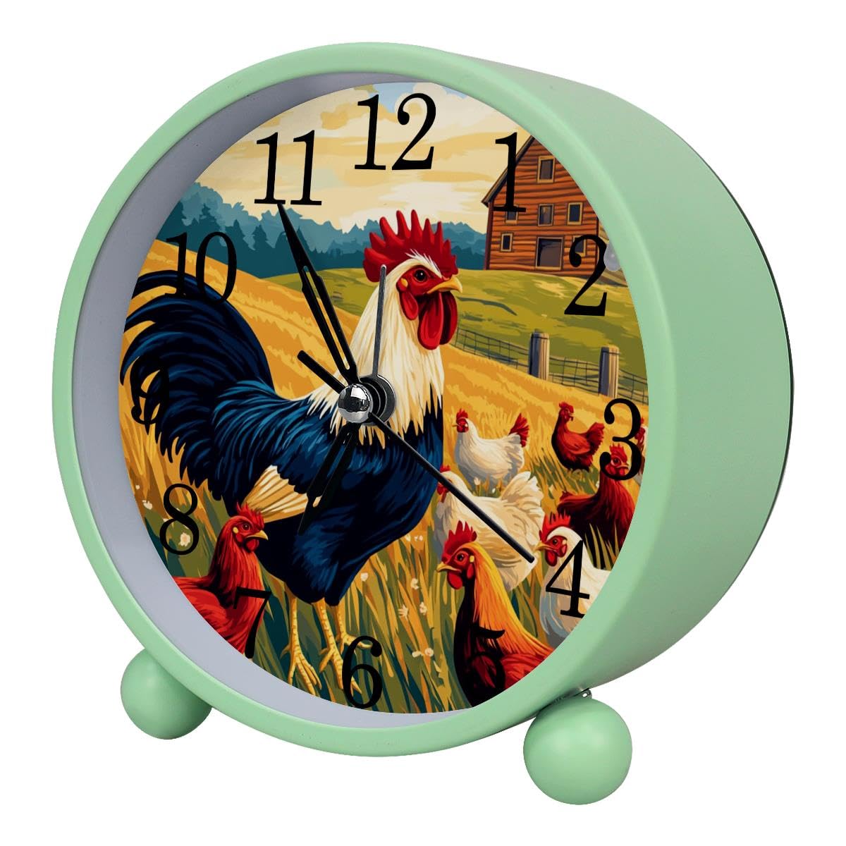 Luoweisi Alarm Clock Farmhouse Rooster Chicken, Silent Non-Ticking with Night Light, Round Metal Alarm Clock for Office, Battery Operated, Bedroom, Elderly, Adults, Children, Student Gifts
