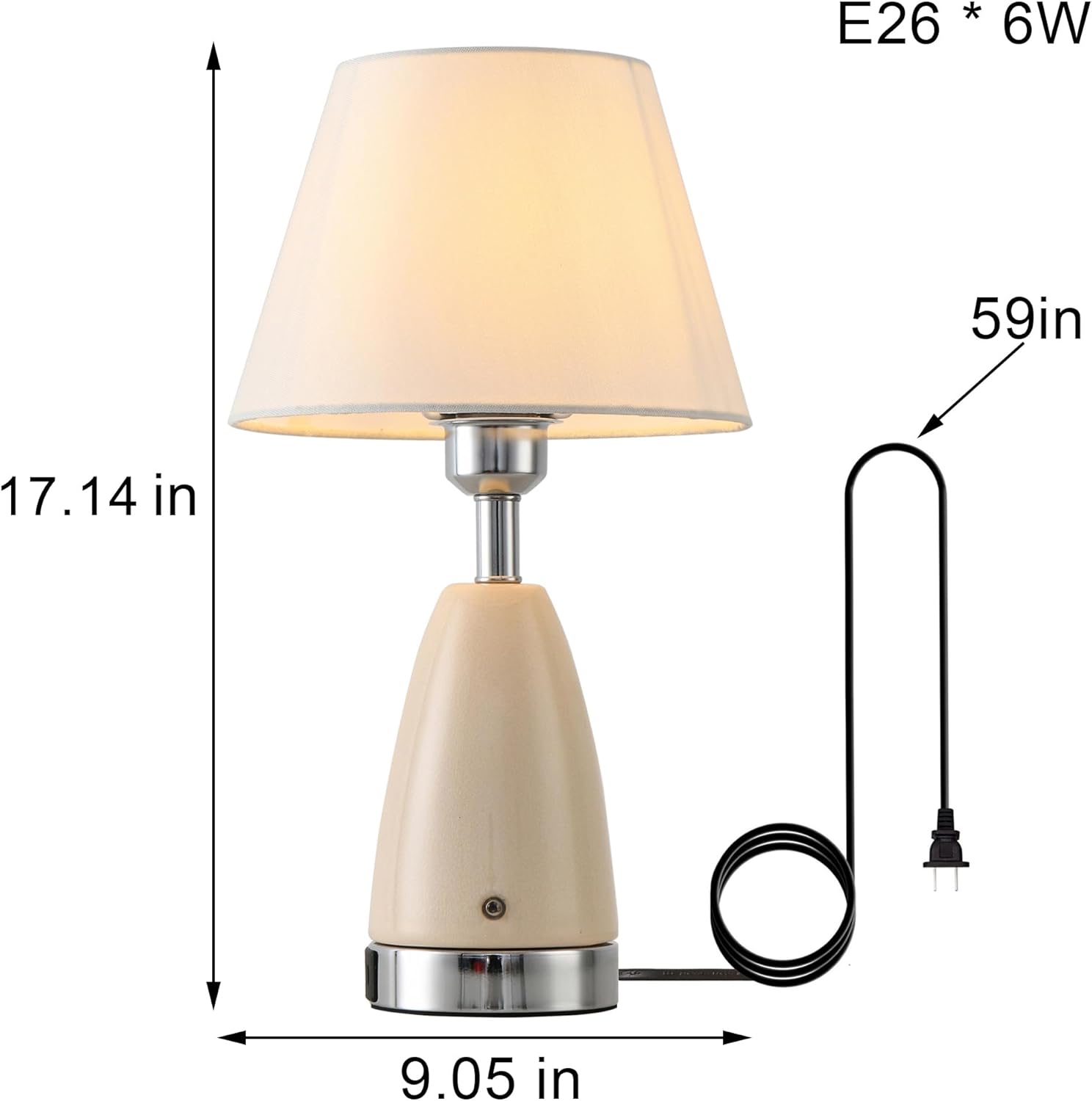 Farmhouse White Ceramic Table Lamp for Bedroom, Touch Dimmable Nightstand Lamps with Fabric Shade, 6W E26 Ceramic Lamp with USB A + C Port for Living Room Bedside Buffet