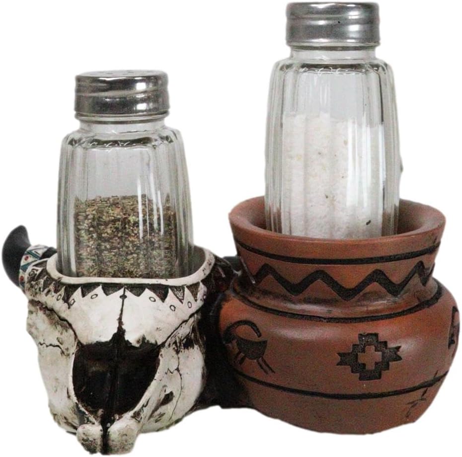 Ebros Gift Southwestern Native American Indian Buffalo Cow Skull With Hopi Canister Jar Glass Salt And Pepper Shakers Holder Figurine Set Decorative Home And Kitchen Accent
