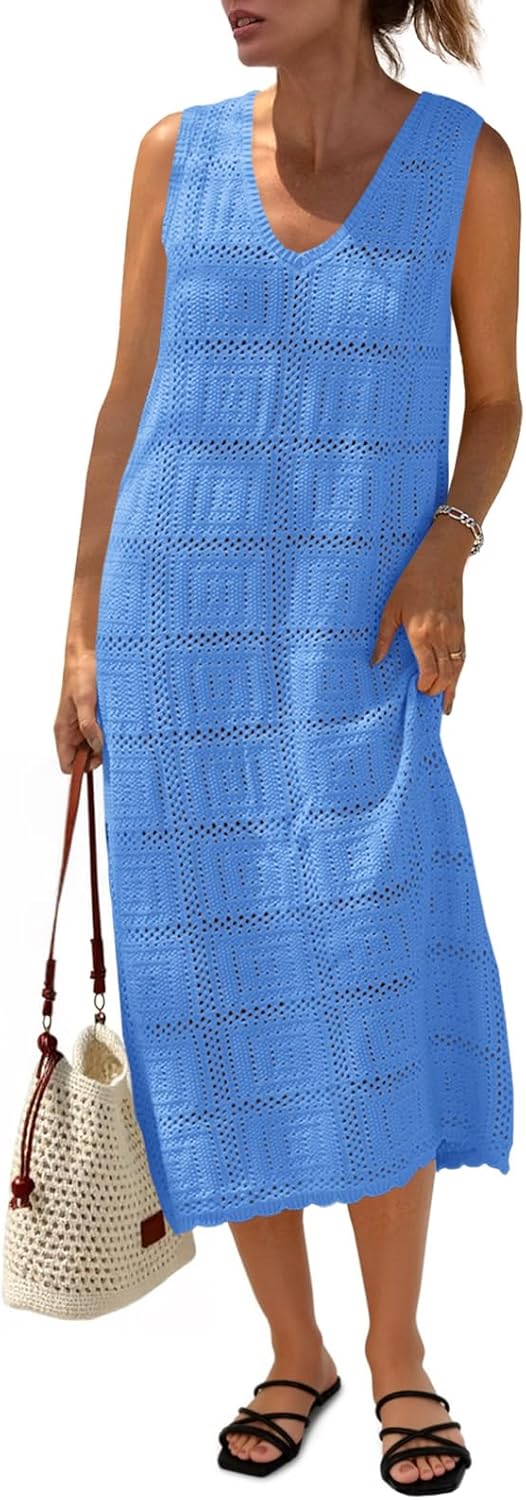 Fisoew Womens Crochet Sleeveless Dress Casual Summer V Neck Boho Knit Cover Up Beach Vacation Midi Tank Dresses