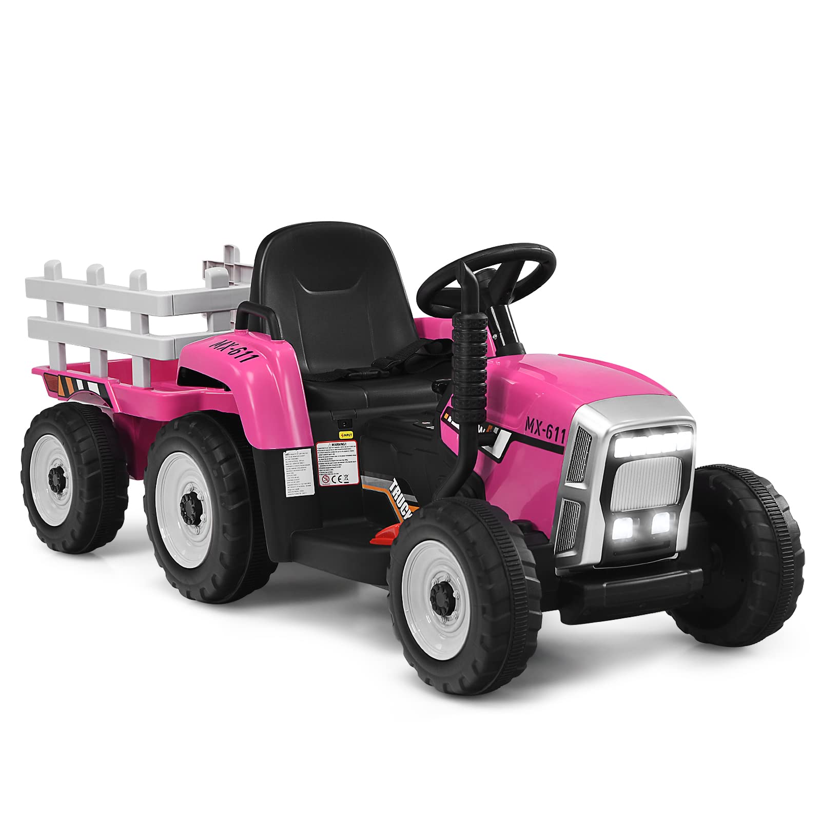 GOPLUS Elektryczny traktor dla dzieci 12 V z przyczepą, 3-biegowy pojazd elektryczny z pilotem zdalnego sterowania, samochód elektryczny z oświetleniem LED, muzyką i Bluetooth, obciążenie 30 kg, od 3