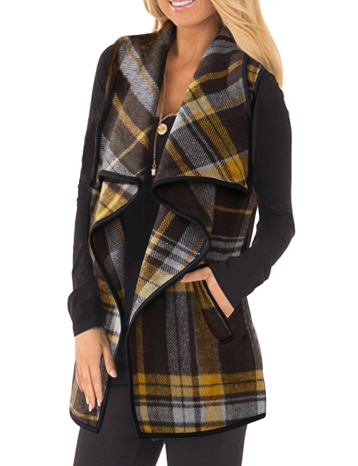 YACUN Women Plaid Vest Lapel Open Front Sleeveless Cardigan