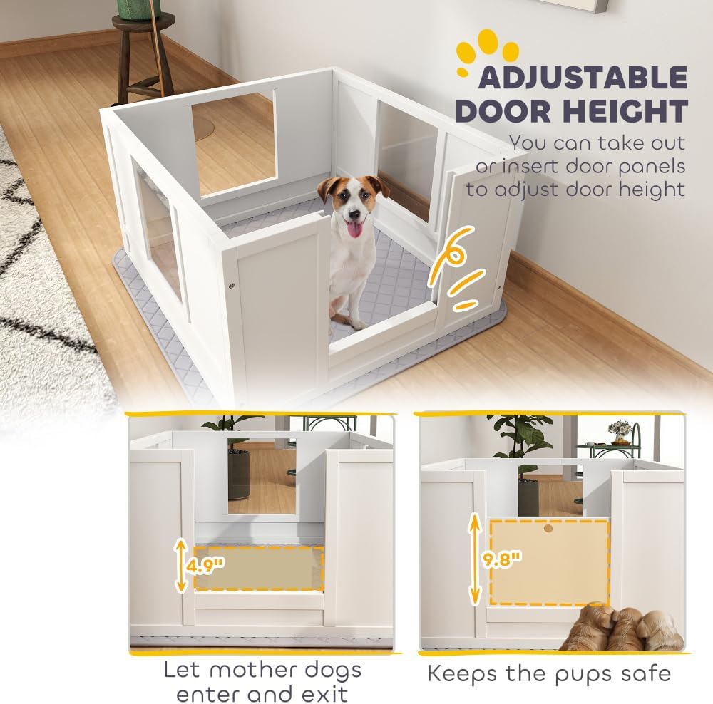 Whelping Box for Dogs with Waterproof Pad and Clear Acrylic Panels, Adjustable Entry Double Room Dog Whelping Pen for Small Breeds