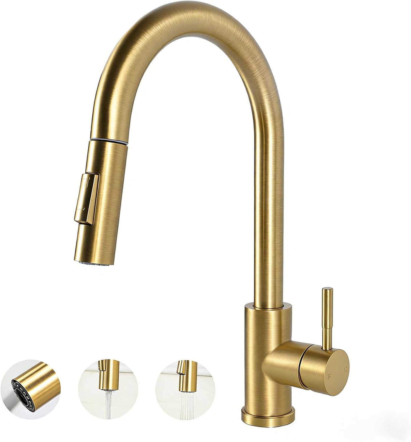 Hotis Gold Kitchen Faucet with Pull Down Sprayer, High Arc Stainless Steel Sink Faucet, Brushed Gold Kitchen Faucet Fit for 1 Hole Sink, Easy Install for Kitchen Farmhouse RV, HT-KBD101G