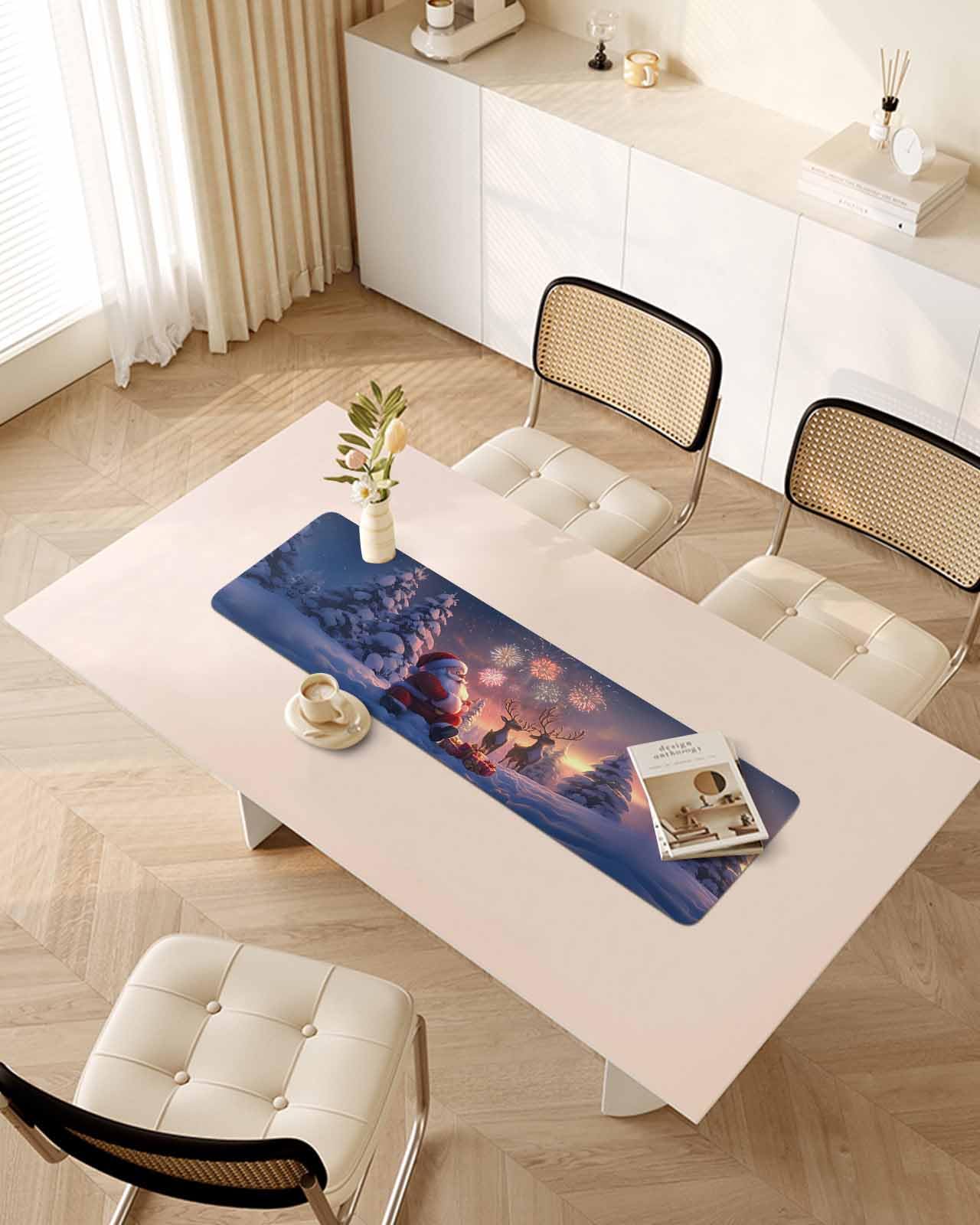 Debedcor Heat Proof Table Pads Waterproof Decorative, Christmas Santa Elk Non-Slip Table Countertop Protector, Xmas Winter Holiday Firework Snow Insulation Mat for Dining Room, 48 x 12 Inches