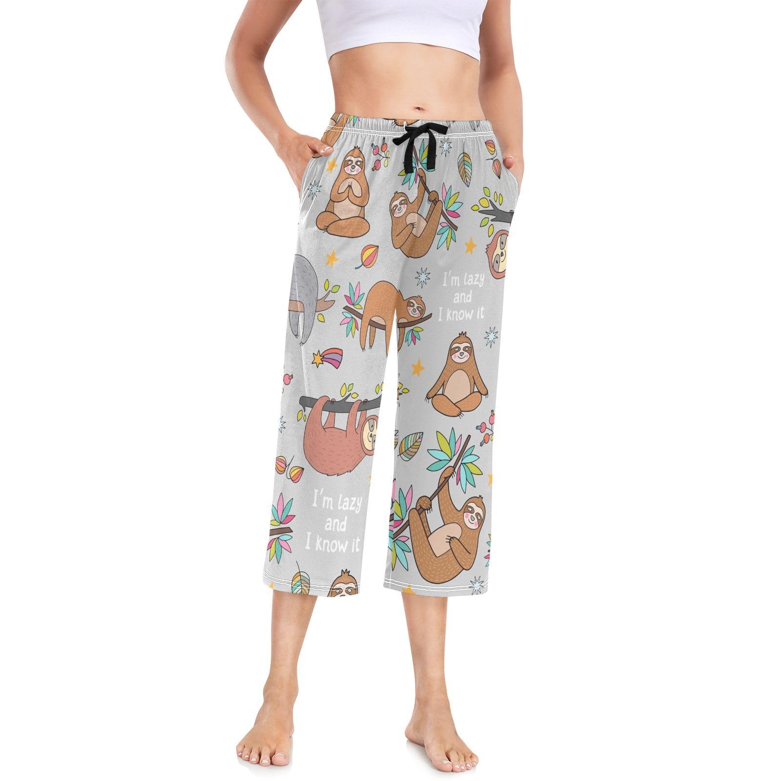 Linomo Women's Pyjama Bottoms Cute Lazy Sloth Pajama Pant Cropped Trousers Pajama Lounge Pants Loungewear Nightwear Yoga Casual Pants