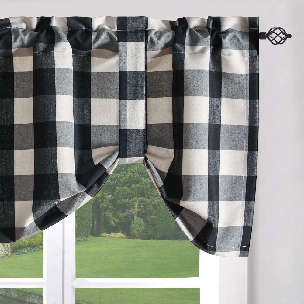 VOGOL Tie Up Valances for Windows, Black Buffalo Check Plaid Gingham Pattern Rod Pocket Tie Up Shades for Kitchen Windows Cafe Curtains, 52 x 18