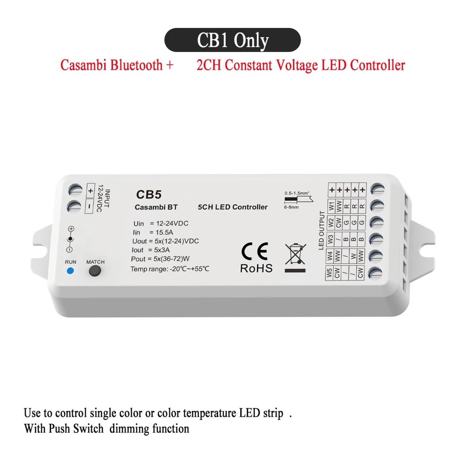 Controlador LED Atenuador LED 24V DC 12V Control de atenuación Monocromo CCT RGB RGBW RGBCCT Tira de luces LED(Casambi 2CH CB1)