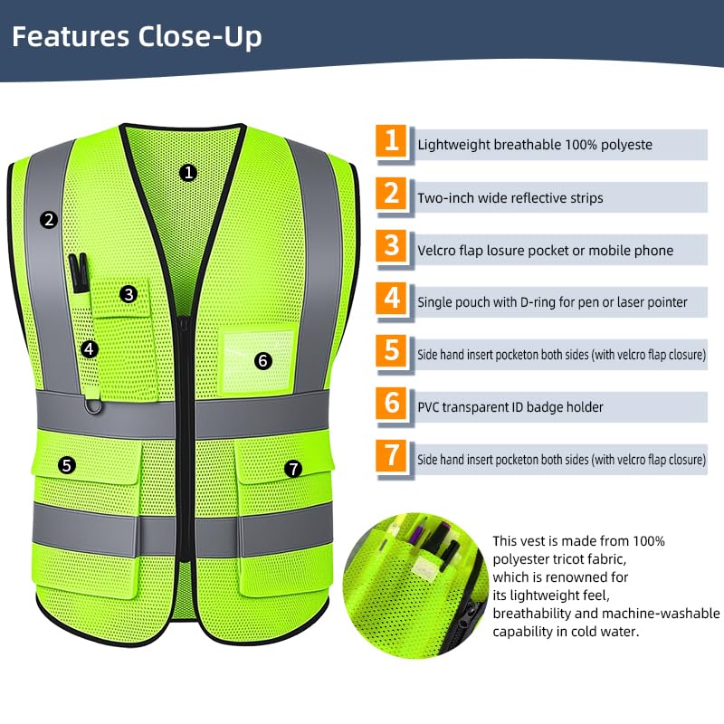 Image of High Visibility Safety Vest with Reflective Strips & Pockets | High Visibility | 360 Reflective Strips | 5 Pockets | Zipper Front | Lightweight Polyester | ANSI /ISEA 107 Class 2 Type R
