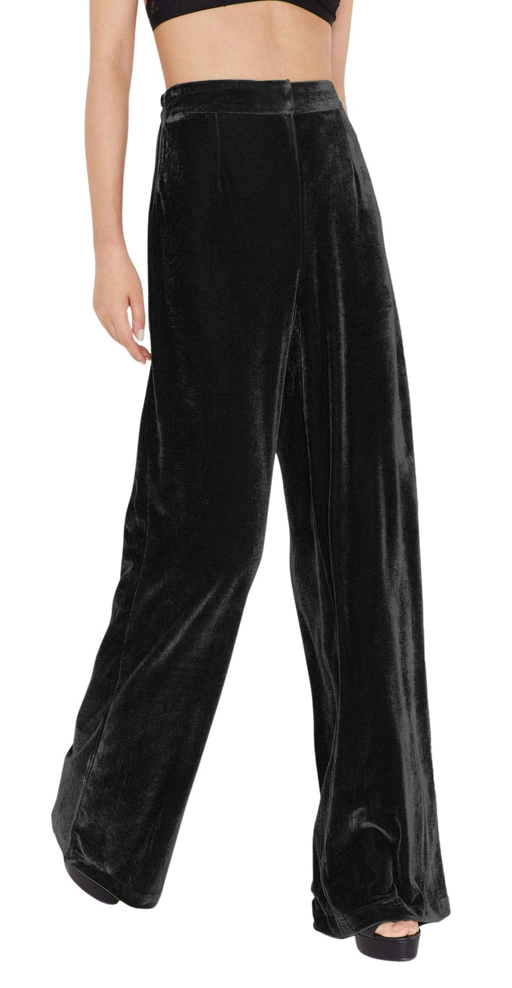 loveimgs Womens Casual Elastic High Waist Velvet Long Pants Wide Leg Palazzo Lounge Pants with Pockets