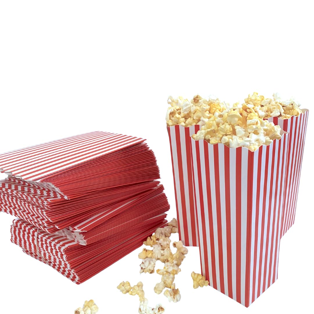 100 Pack Popcorn Box Disposable Container, 7.75 Inches tall, Cardboard Red and White Striped Popcorn Box, Parties, Movie Night, Snack