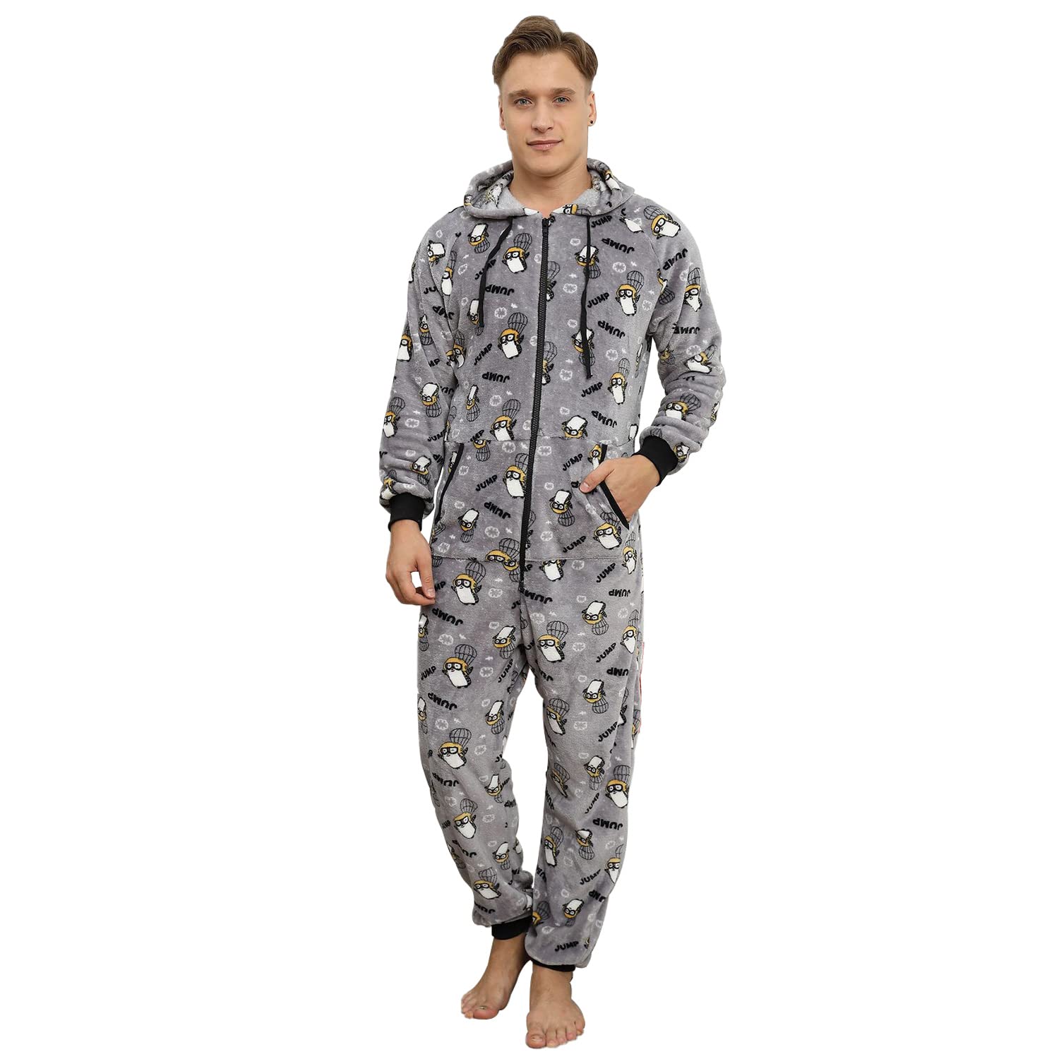 Pijama Navidad Una Pieza Hombre Franela Pijamas Mono Entero con Capucha Manga Larga Invierno Calentito Jumpsuit Adulto Onesie Ropa de Casa Dormir Paracaídas Pingüino Gris L