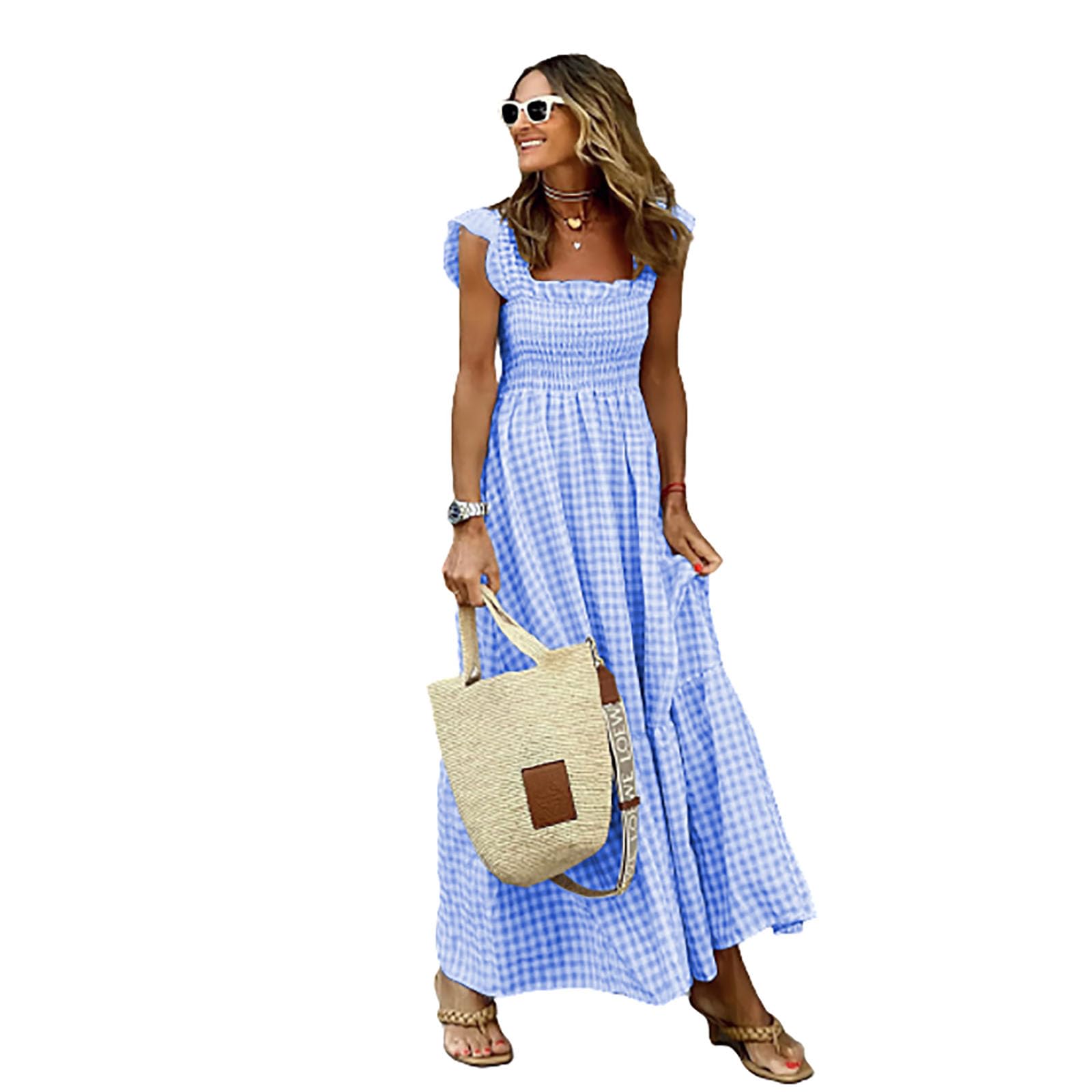 GARCAN Vestido Casual a Cuadros para Mujer Vestido Maxi Elástico con Cuello Halter a Cuadros De Collage Vestido Casual De Playa De Verano Vestido Midi Suelto con Botones Y Cuello
