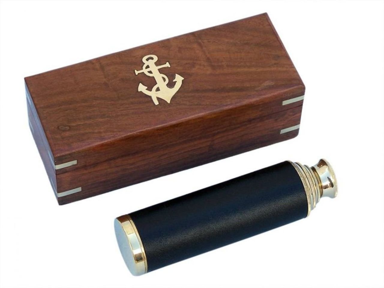 Hampton Nautical Captain's Brass/Leather Spyglass Telescope with Rosewood Box, 15