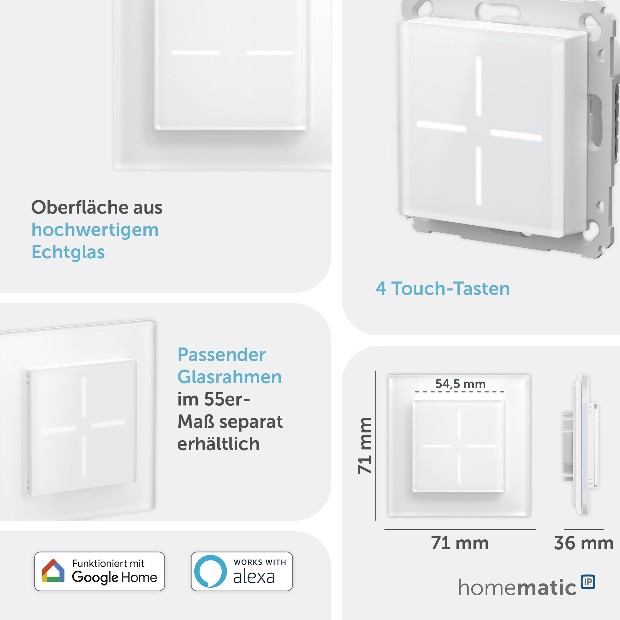 Homematic IP Glastaster, Smart Home, Wandschalter, Vier Tasten, Schalter für Ihr Homematic IP Smart Home, universell einsetzbar, schaltet Aktoren und Funktionen (Glastaster, Weiß)