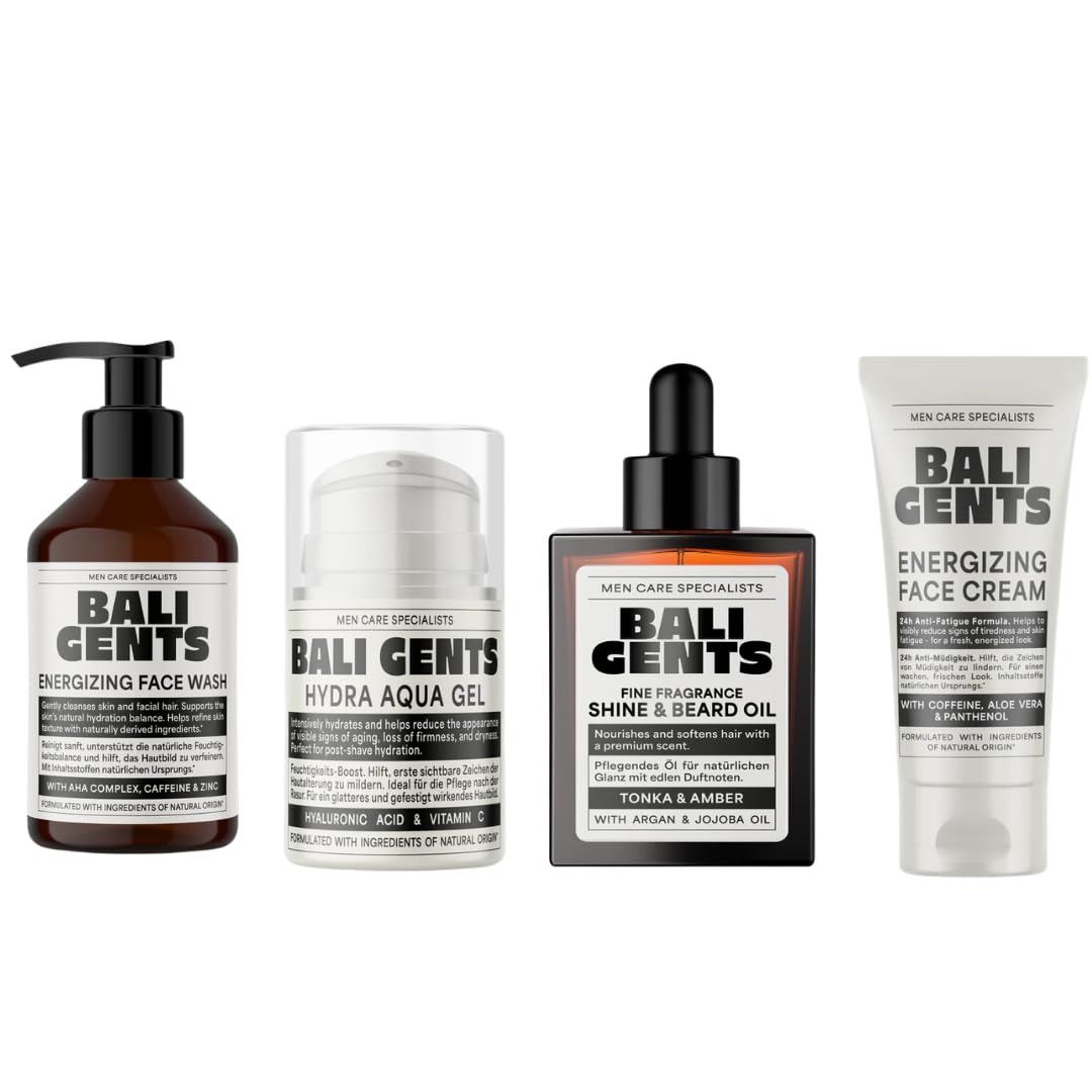 Bali GENTS Skincare Set – 4 pezzi per la cura del viso da uomo con Face Wash, Face Cream, Hydra Aqua Gel & Beard Oil, pulizia, idratazione e cura