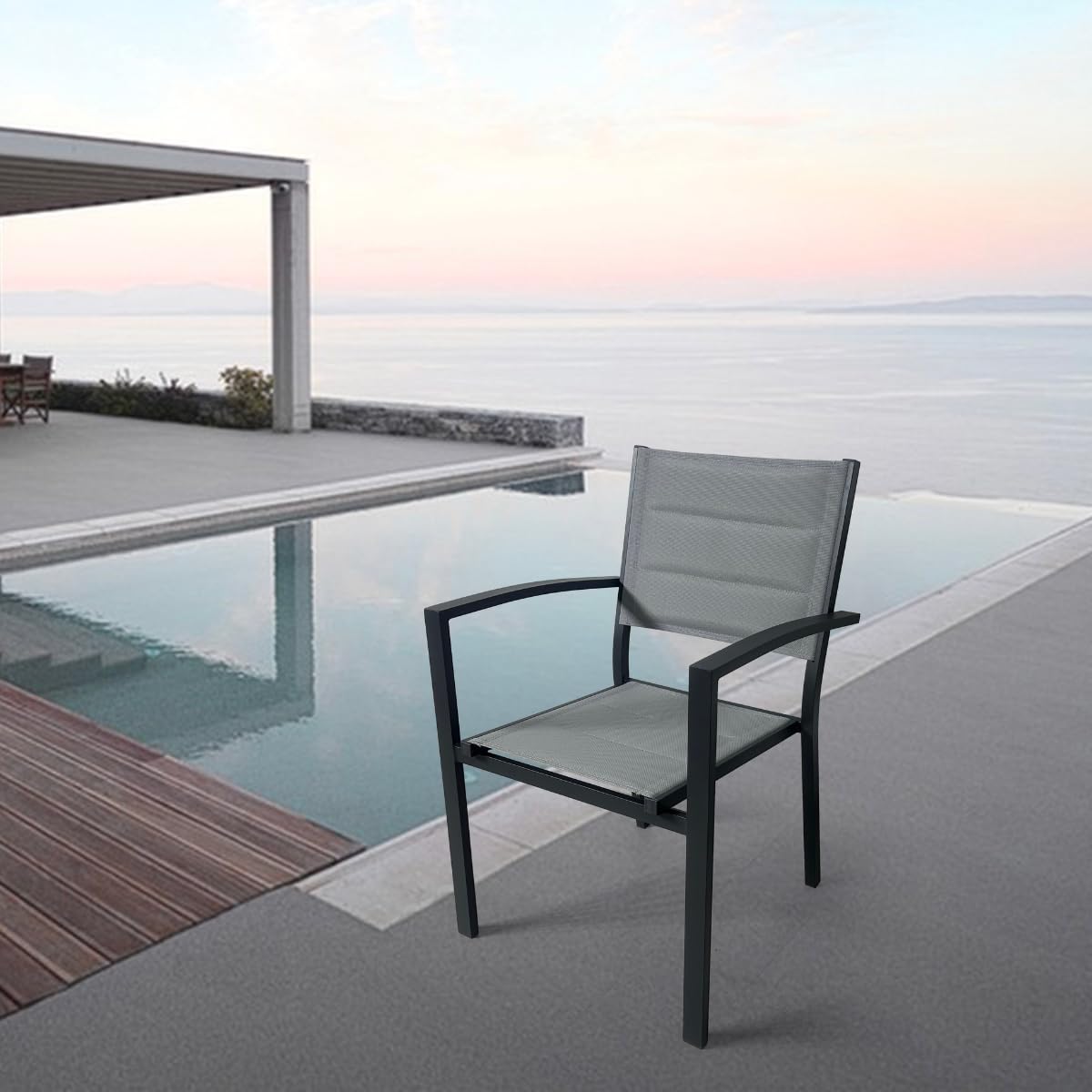 MOMMA HOME Pack 4 Sillas Terraza Exterior - Jardin Asiento y Respaldo Acolchadas con Reposabrazos, Material Textiline y Aluminio, Color Gris, Medidas 87,5 x 56,5 x 57,5 cm