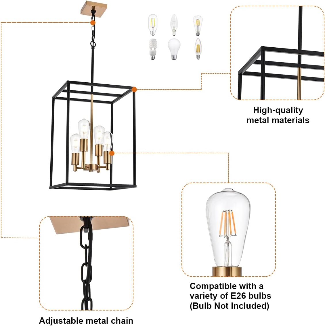 VINLUZ Retro 4 Light Large Farmhouse Chandelier Rustic Dining Room Lighting Fixtures Hanging in Black and Brushed Brass Finish Metal Square Cage Pendant Lighting for Kitchen Island