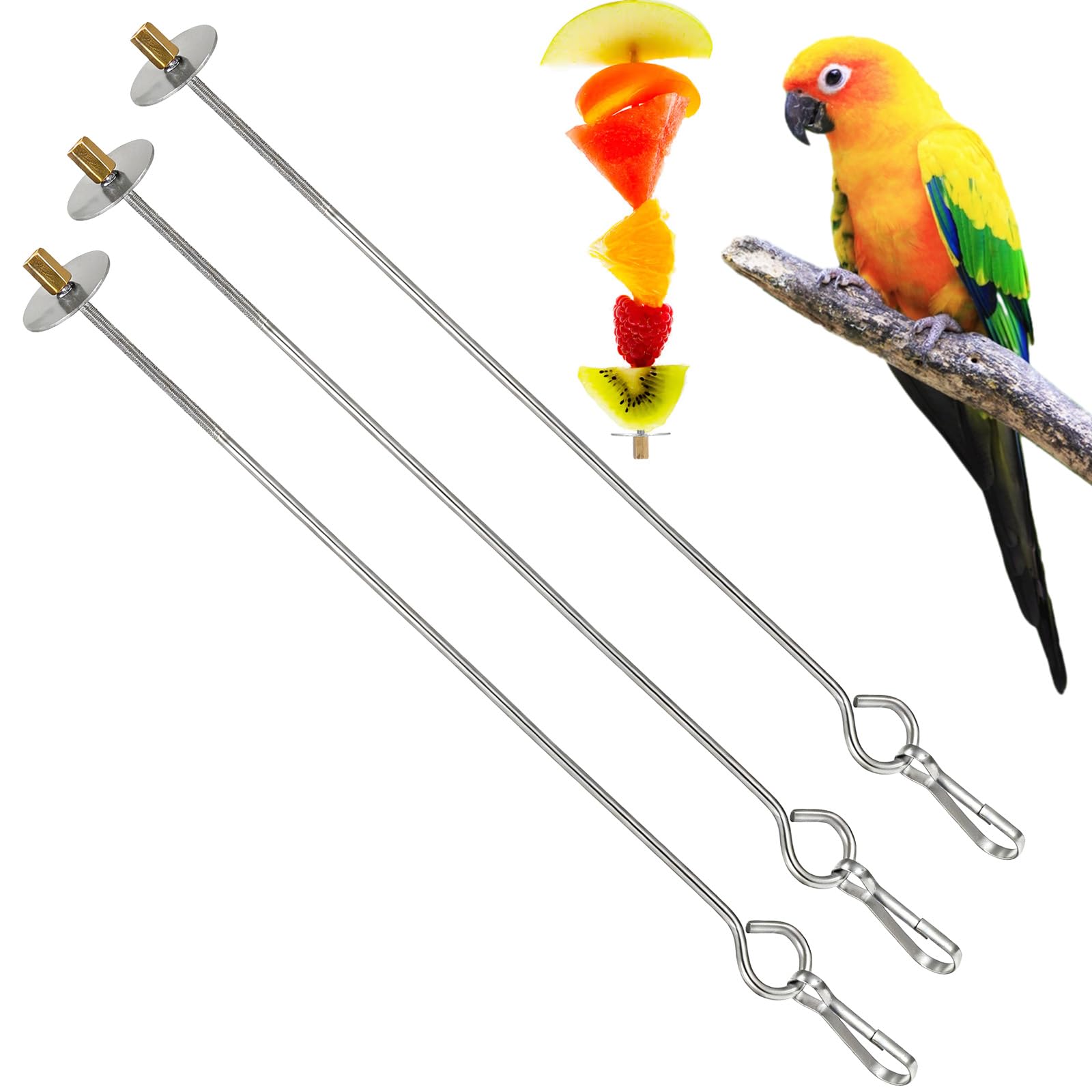 3Pcs Bird Cage Food Holder Parrot, Stainless Steel Bird Feeder with Hook for Cage, Birds Cage Feeder Foraging Toy Hanging Rodent Toy, Fruit Vegetable Stick Holder for Macaw Parakeet Parrot