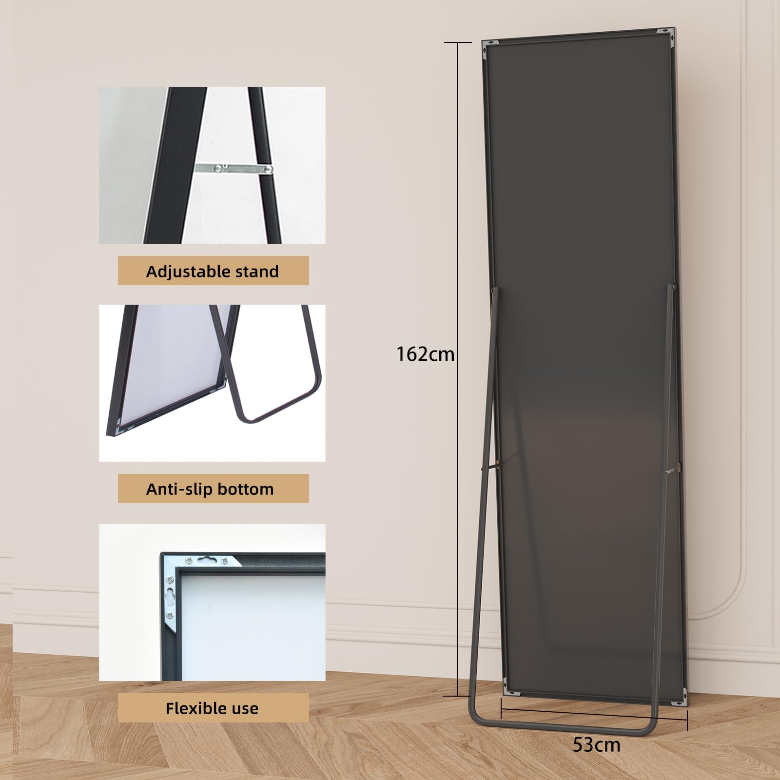 Specchio intero con cornice in alluminio, vetro temperato, specchio rettangolare da appendere, inclinabile, per soggiorno, camera da letto, guardaroba, 162 x 53 cm