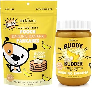 Bark Bistro Company BARKIN' Banana Buddy BUDDER + Pooch Pancakes, 100 percent All Natural Dog Peanut Butter & Pancakes, No Artificial Sugar or preservatives, Healthy Dog Treats - Made in USA