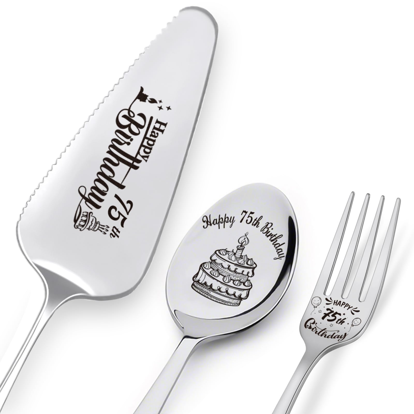 Happy 75th Birthday Personalized Laser-Engraved Stainless Steel Birthday Party Utensil Set - Cake Server, Spoon, and Fork for Mother Father Husband Wife Grandmother Grandfather