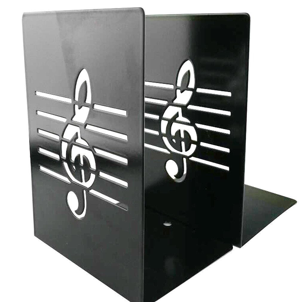 Un paio di supporti reggilibri in metallo nero, con nota musicale, creativi, di tendenza per bambini, amanti della musica, decorazione di casa e ufficio Nero