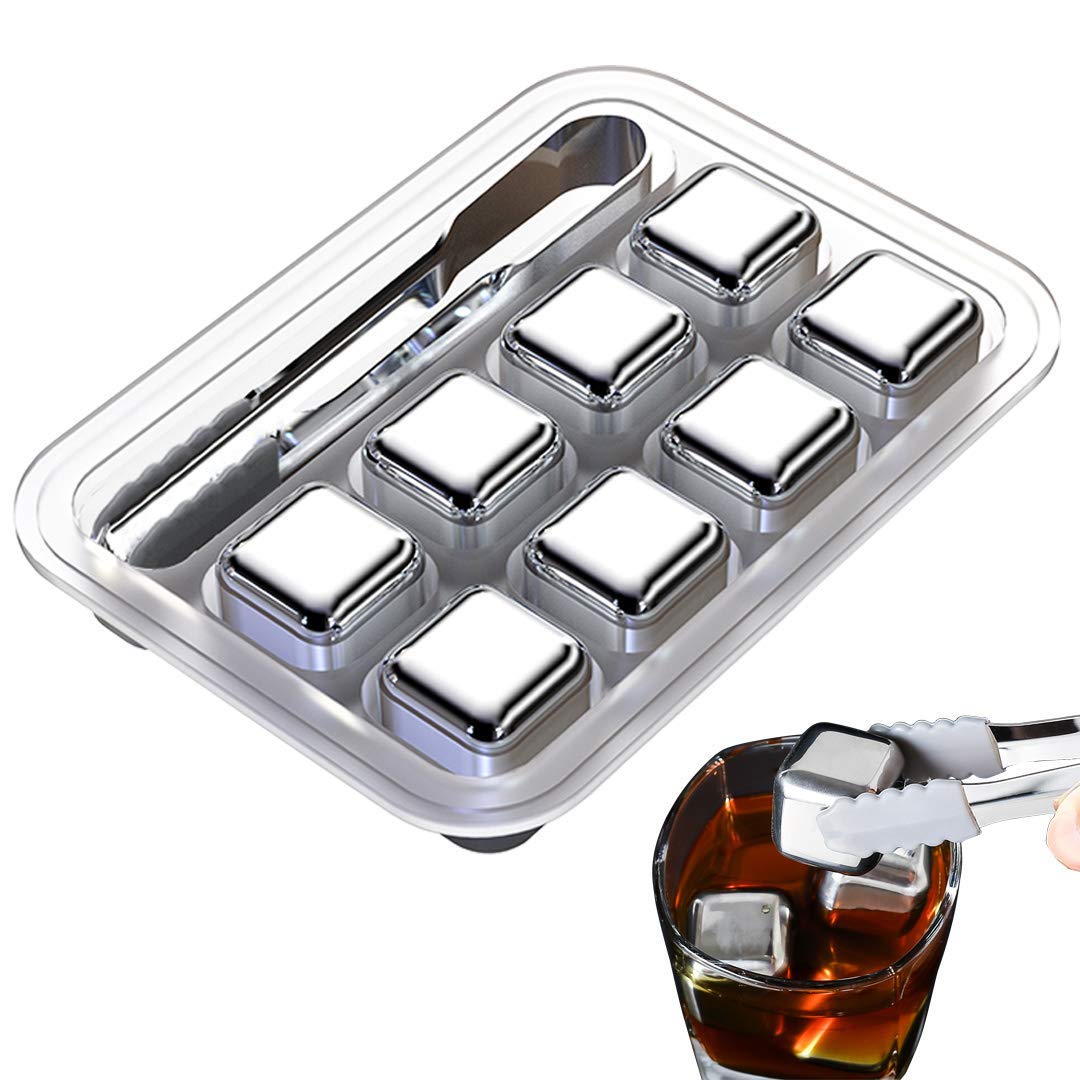 BIRZAR Whiskey Stones Reusable Ice Cubes Stainless Steel Whiskey Chilling Stones Metal Wine Chillers Whiskey Ice Trays, Gifts with Silicone Tongs, Fast Cooler for Drink, Wine, Beers, (8 Cube)