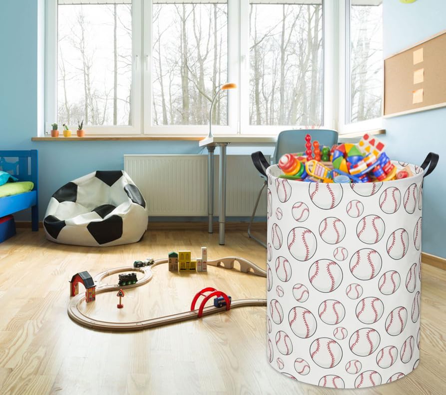 Image of Baseball Kids Laundry Basket Baby Hamper Toy Storage Bin for Boys Room Decor Baby Nursery Hamper Gift Baskets for Bedroom Bathroom(Baseball)