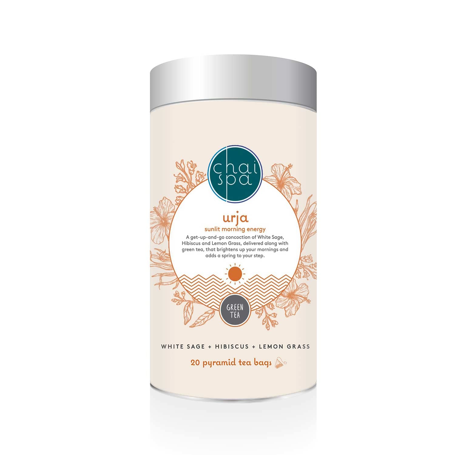 NABL Certified URJA Energising Morning Hibiscus, White Sage, Lemon Grass and Other Herbal Ingredients Blended with Finest Green Tea Leaves Dust-Free Green Tea (20x3 gm) -20 Pyramid Bags