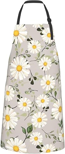 Miniatura 8 de Delantal impermeable de flores de margarita blanca para adultos, babero floral de chef con 2 bolsillos para cocina, barbacoa, manualidades, dibujo