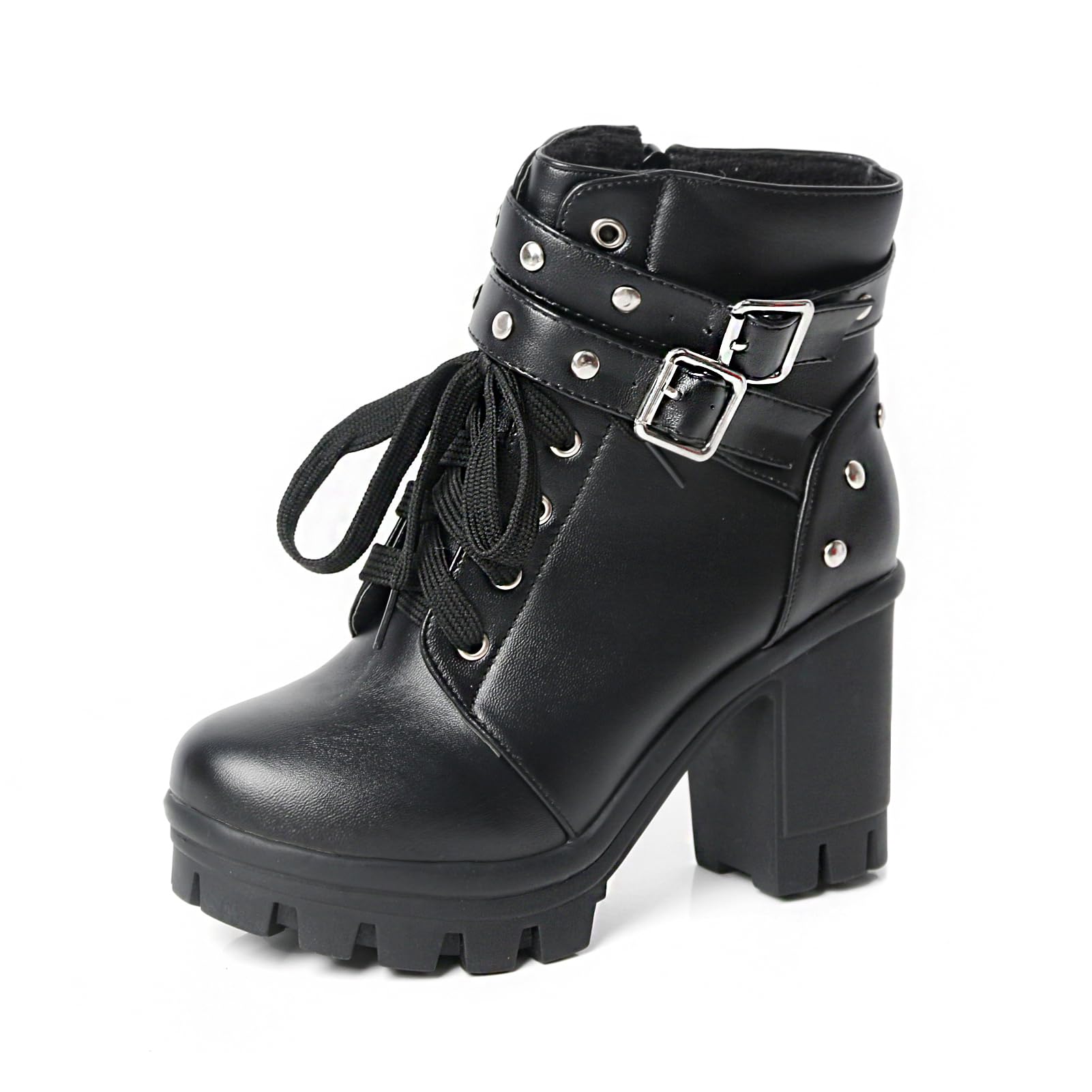 MEOTINA Goth Platform Boots Lace Buckle Gothic Cosplay Booties Chunky High Heels Ankle Boots Zipper Punk Shoes