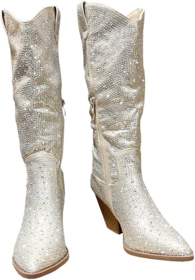 ABSOLEX Women Western Cowgirl Cowboy Pointed Toe Rhinestone Knee High Boots - 第 38/64 張圖片