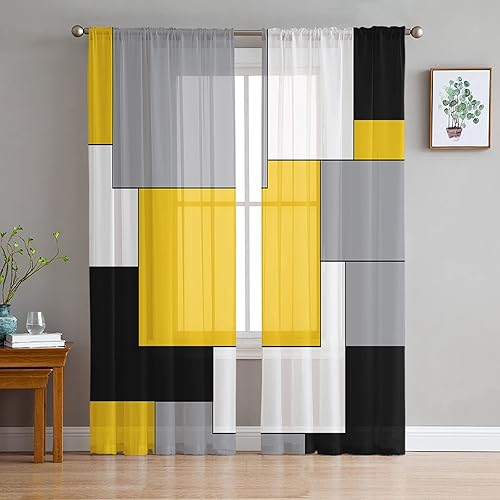 IDOWMAT Cortinas traslúcidas de gasa de 63 pulgadas de largo con bolsillo para barra, paneles de cortina para sala de estar, arte abstracto moderno,