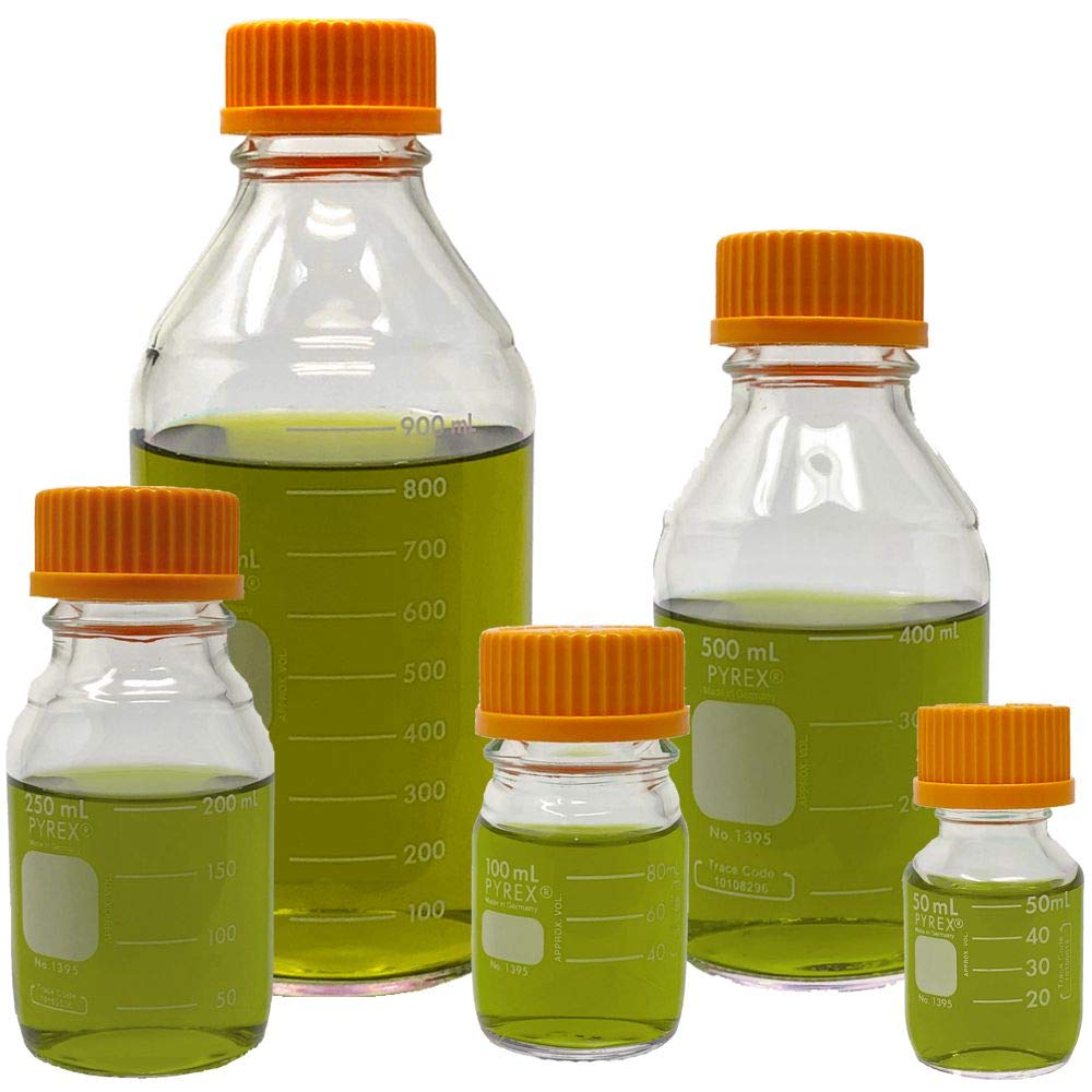 Corning PYREX #1395-SET, Round Media Storage Bottle Set, with GL45 Screw Cap, 5 Sizes - 50, 100, 250, 500, and 1000ml